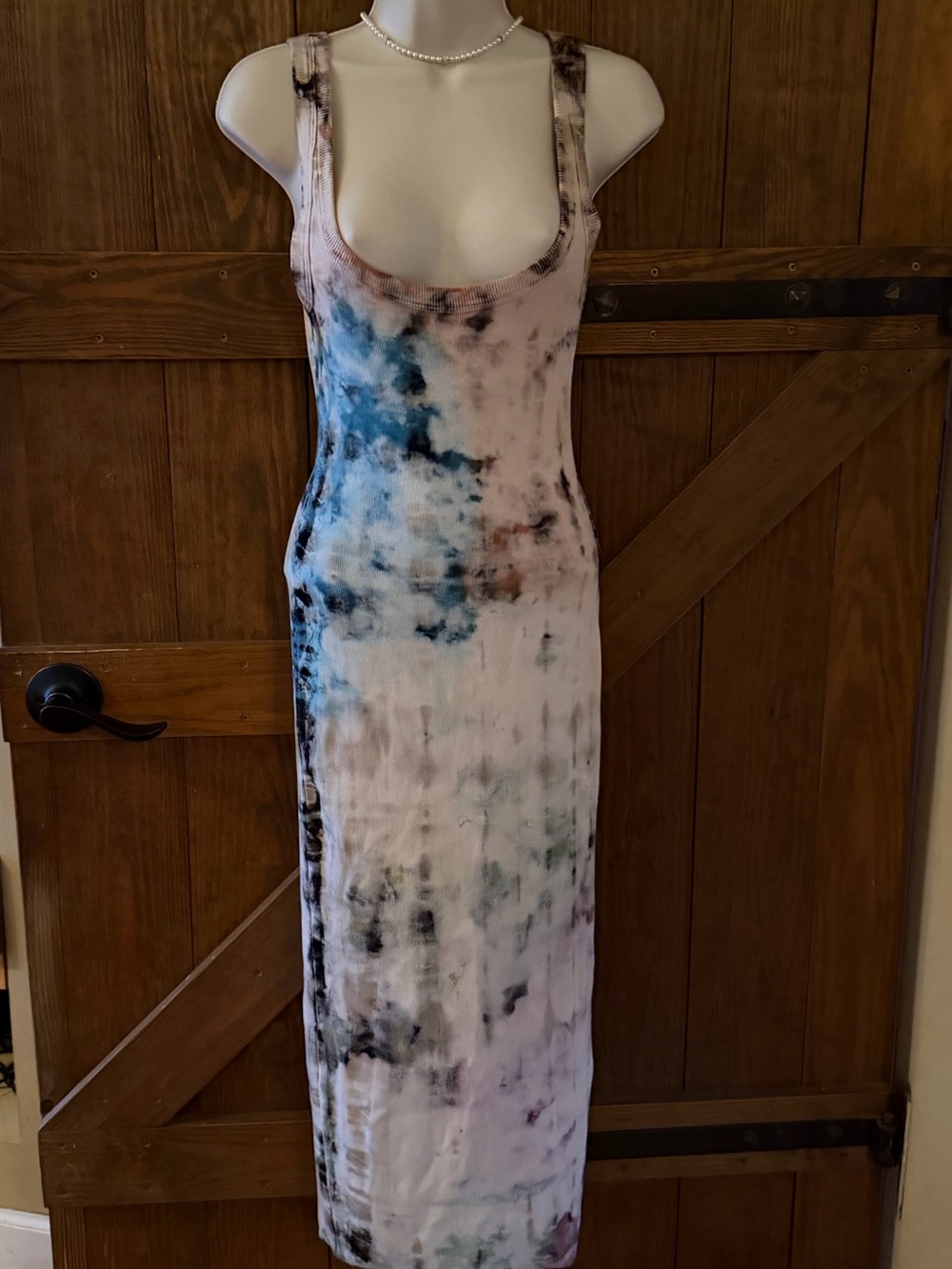 Cotton Citizen Tie-Dye Scoop Neck Maxi Dress in Blue & Cream with Black Accents
